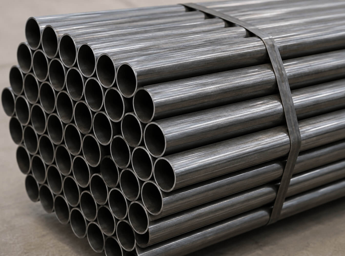 A strapped bundle of CEW / CDW / DOM precision steel tubes seen end on.