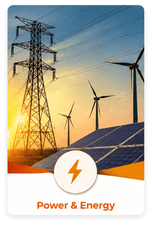 Power & Energy - a transmission tower with wind turbines and solar panels