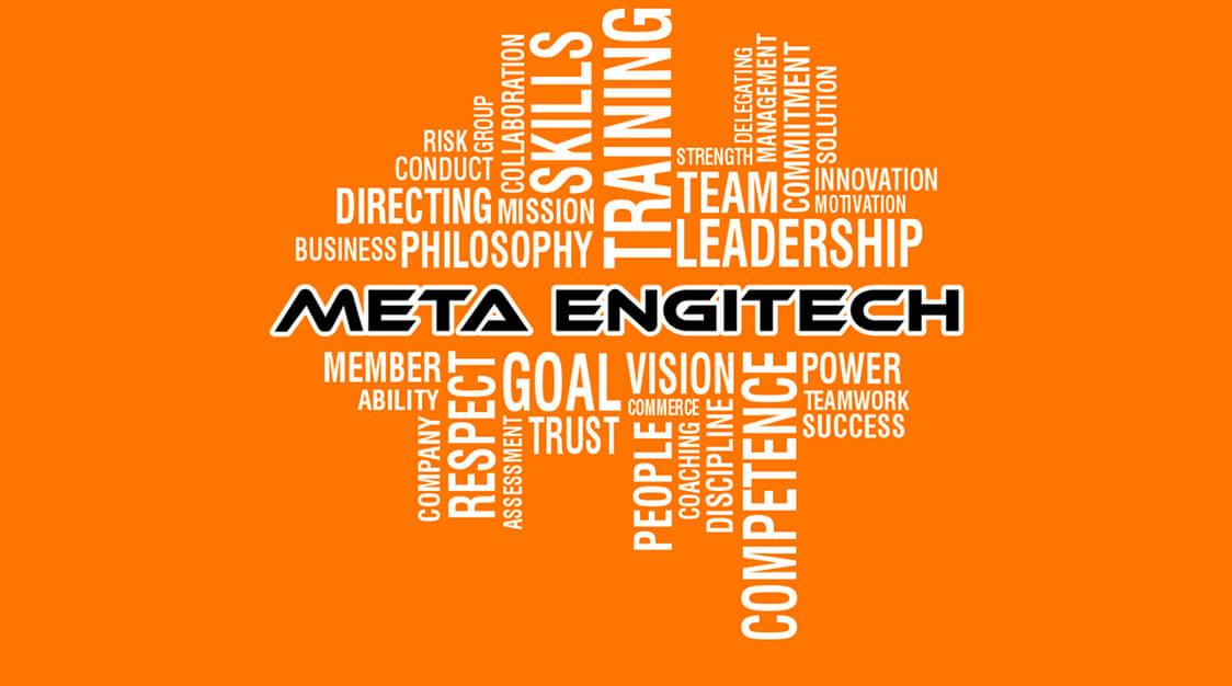 Word cloud of the Meta Engitech brand values around the company name