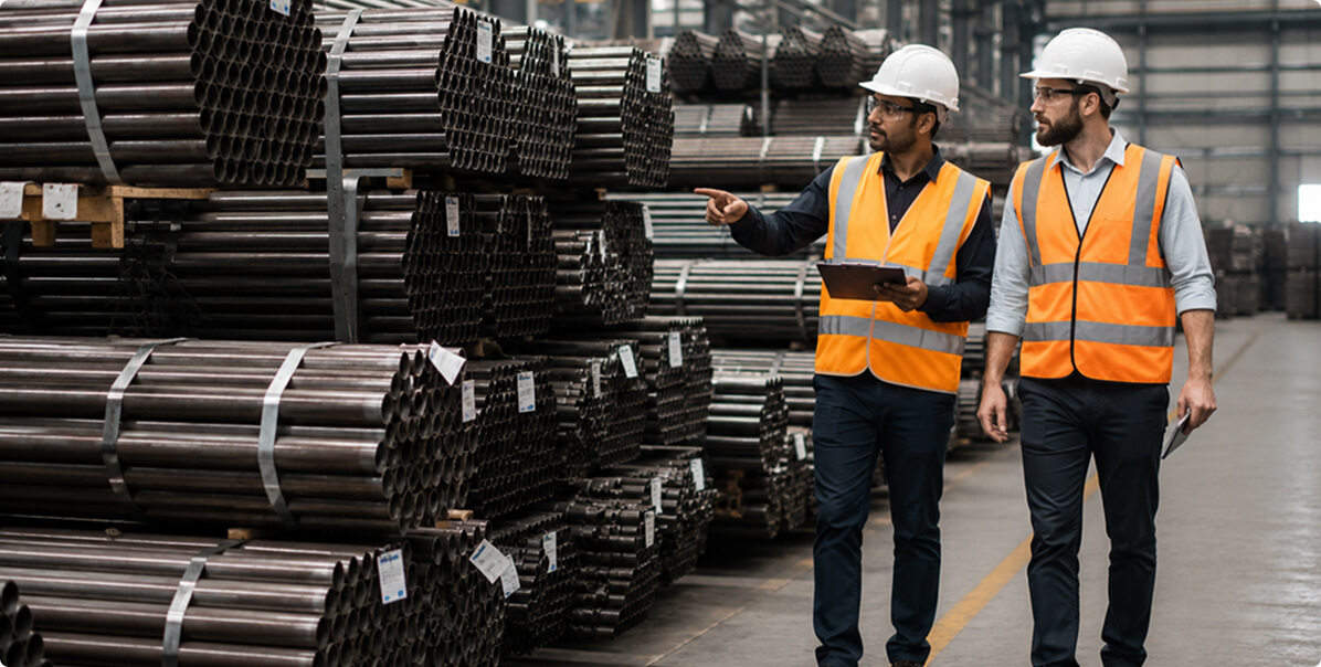 Two Meta Engitech engineers in hard hats and hi-vis vests inspecting bundles of finished precision steel tubes on the despatch floor, one holding a tablet.