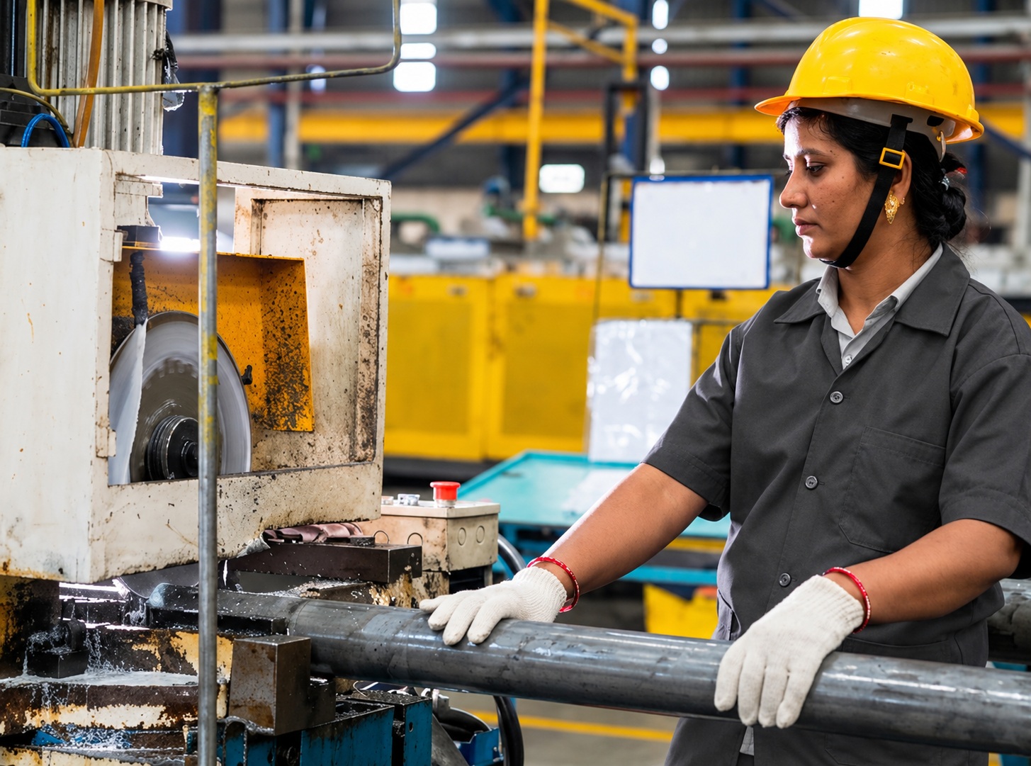 A machine operator in a hard hat handling precision steel tubes on the shop floor.