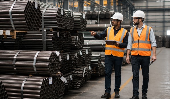 Two engineers in high-visibility vests reviewing steel tube stock on the shop floor